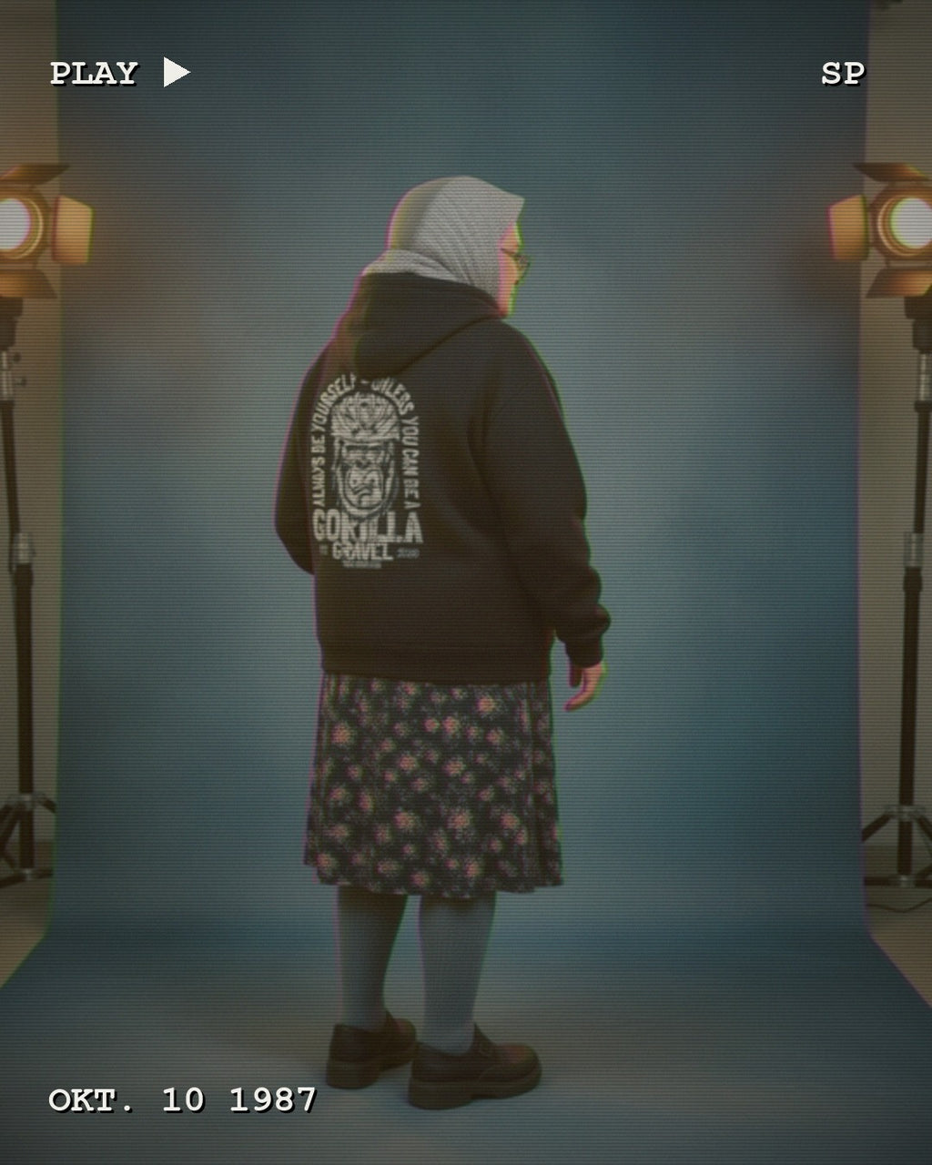 Hoodie GORILLA GRAVEL – Modelfoto im VHS-Look
