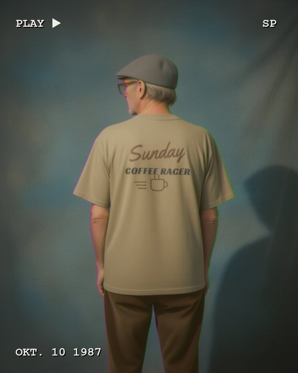 RIDERS GONNA RIDE® T-Shirt SUNDAY COFFEE RACER – Modelfoto im VHS-Look