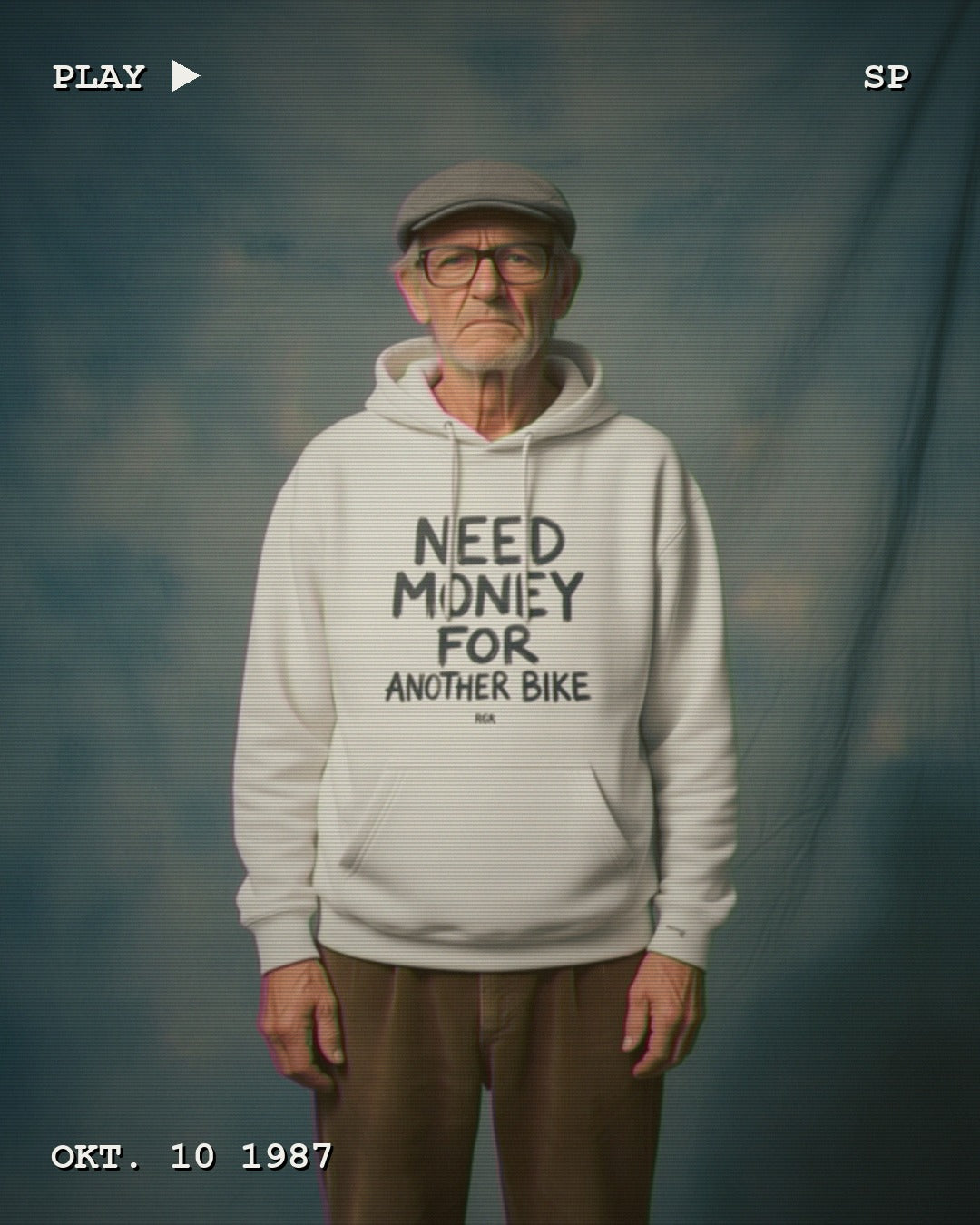 RIDERS GONNA RIDE® Hoodie NEED MONEY FOR ANOTHER BIKE – Modelfoto im VHS-Look