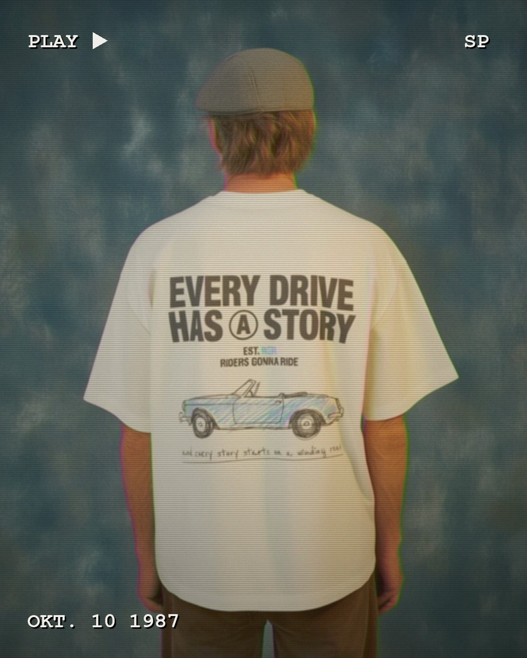 RIDERS GONNA RIDE® T-Shirt EVERY DRIVE HAS A STORY – Modelfoto im VHS-Look