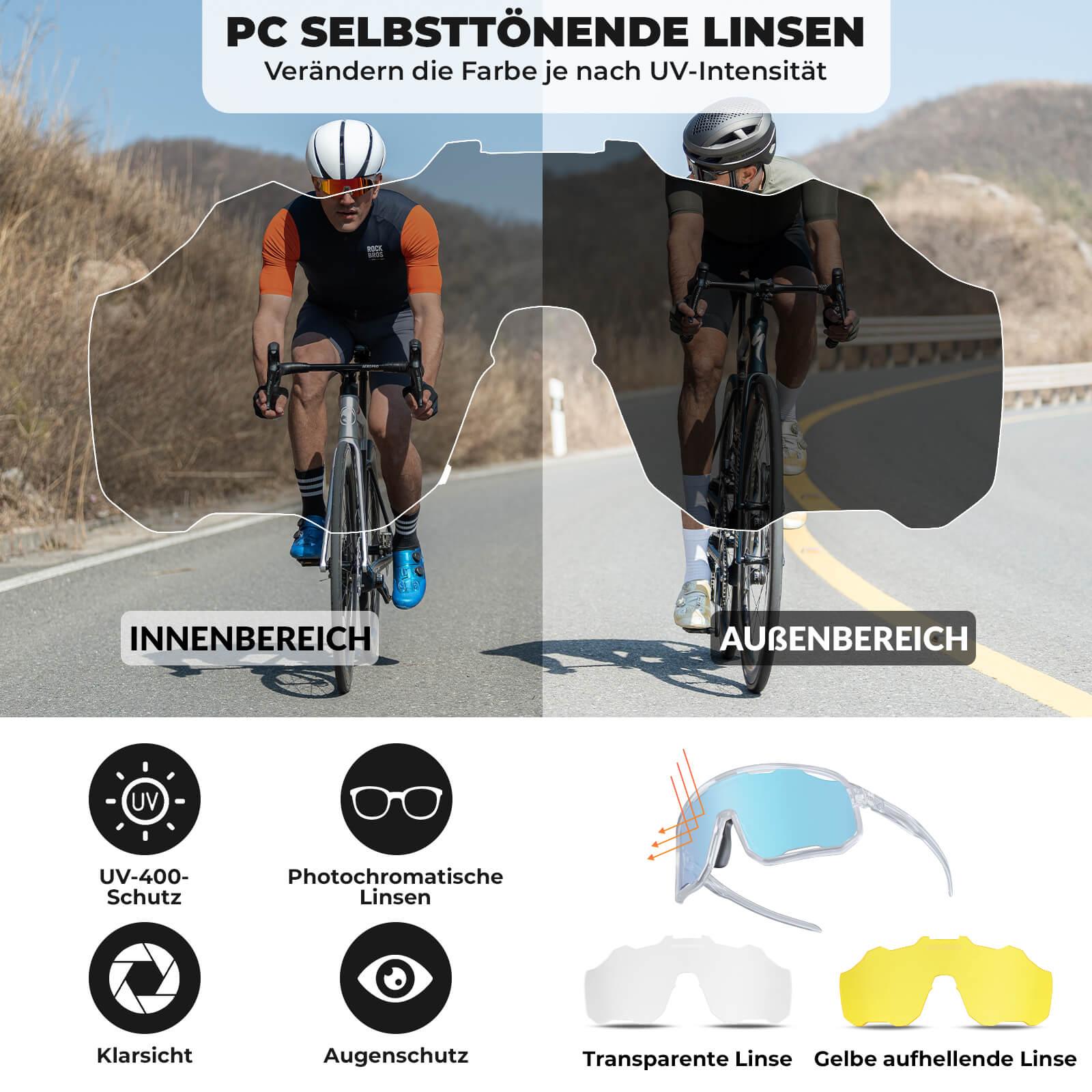 ROCKBROS Fahrradbrille Selbsttönende Sonnenbrille UV-Schutz Wechsel-Nasenpads Damen/Herren - RIDERS GONNA RIDE®