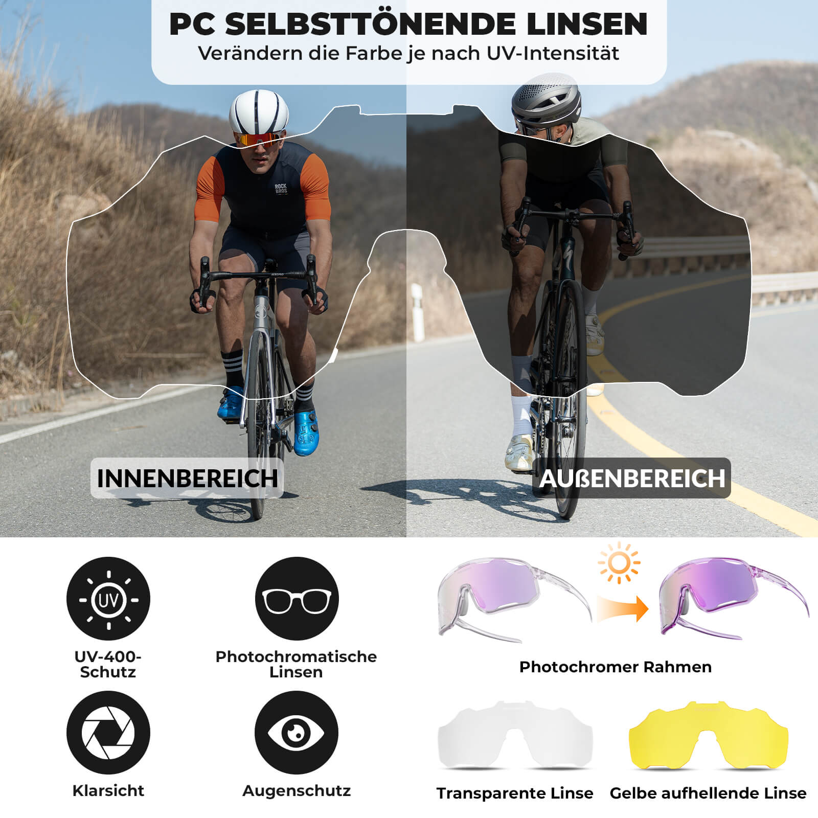 ROCKBROS Fahrradbrille Selbsttönende Sonnenbrille UV-Schutz Wechsel-Nasenpads Damen/Herren - RIDERS GONNA RIDE®