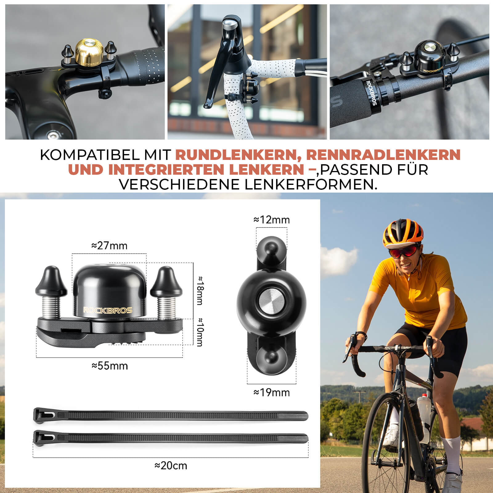 ROCKBROS Rennrad MTB Fahrradklingel mit Doppel-Klopfer 180° drehbar
