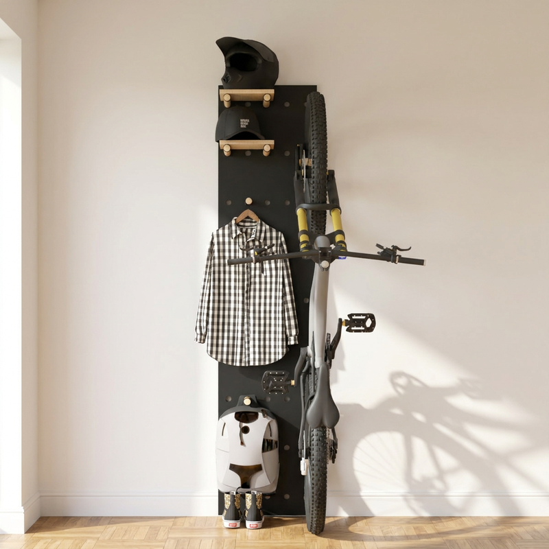 BIKE BOARD CDF STECK im Flur mit Bike, Helm und Hemd – Wohnbeispiel, Umgebung: Visualisierung