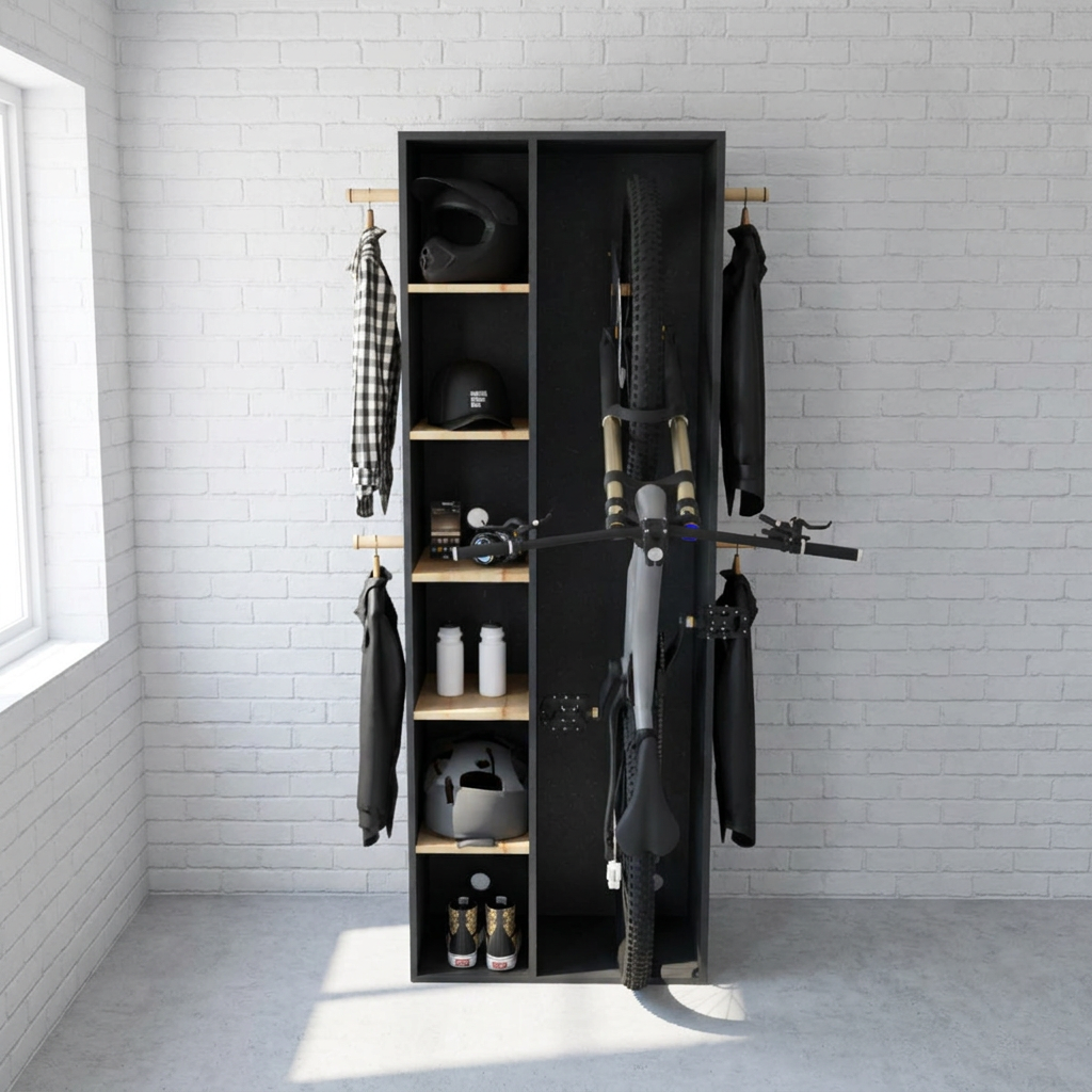 BIKE BOX CDF EASY im Keller vor weißer Ziegelwand – Wohnbeispiel, Umgebung: Visualisierung